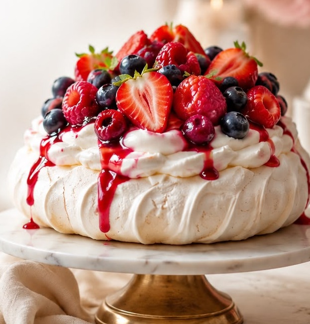 Pavlova artesanal con frutos rojos y coulis sobre base de mármol